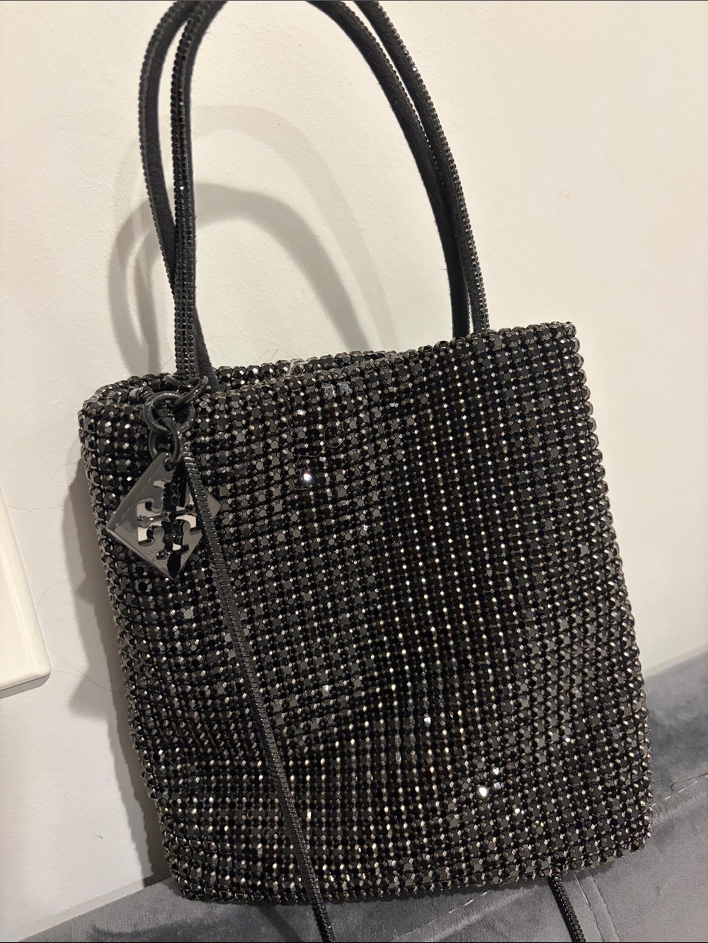 Tory Burch Black Crystal Mini Tote with Logo Charm
